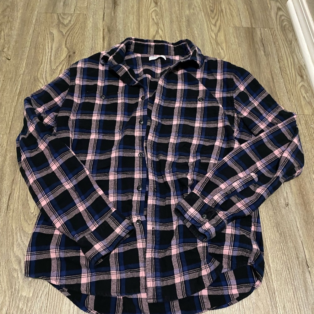 Men's Navy and Pink Plaid Button-Up Shirt